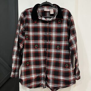 Basic Editions Holiday Women’s Plaid Button Up Shirt Embroidered Wreaths XL